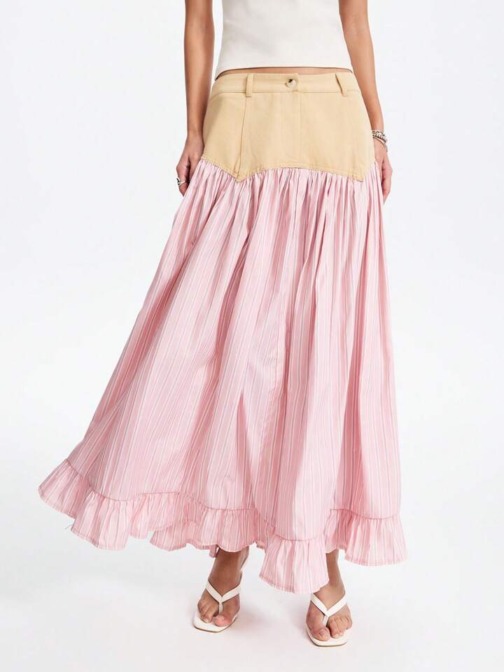 CM-BS028786 Women Casual Seoul Style Striped Asymmetric Patchwork A-Line Ruffle Hem Skirt