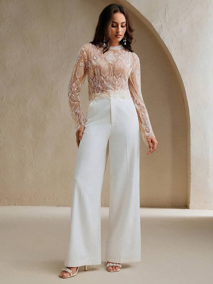 CM-TS022616 Women Elegant Seoul Style Stand Collar Long Sleeve Beaded Sequin Embellished Cropped Top - Apricot