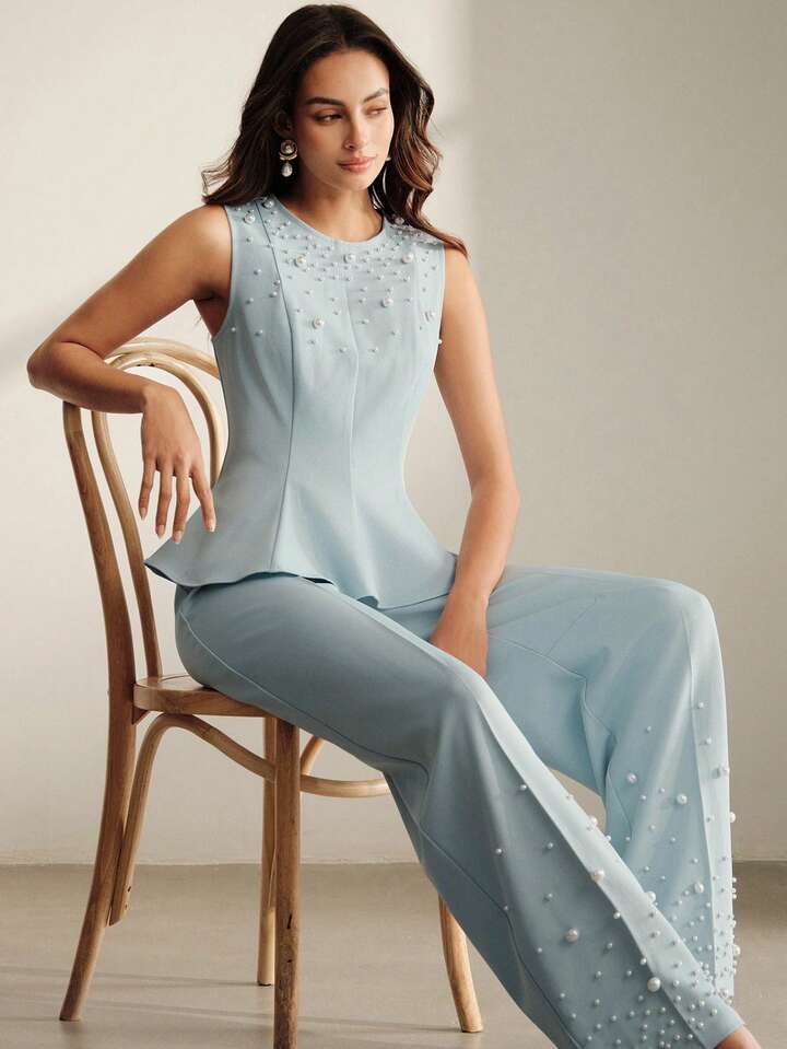 CM-SS517859 Women Elegant Seoul Style Round Neck Sleeveless Beaded Ruffle Hem Blouse With Tapered Trousers - Set