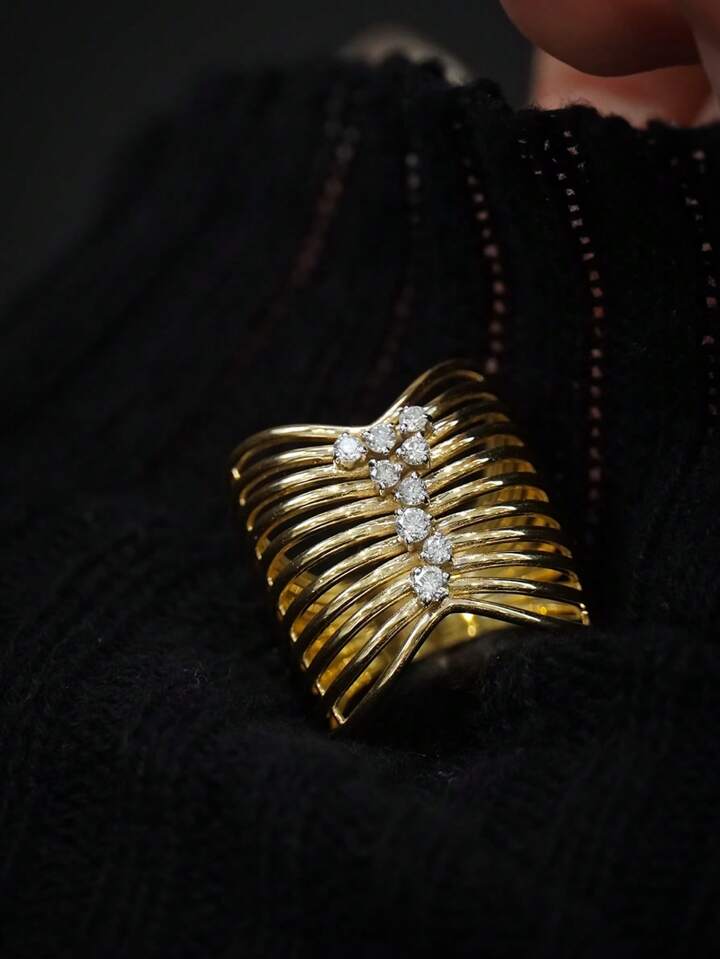 CM-AR947767 925 Sterling Silver Hollow Craft Wide Band Wave Line Minimalist Ring - Gold