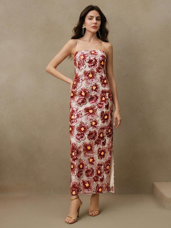 CM-DS772966 Women Elegant Seoul Style Handmade Bead Embroidered Floral Decor Backless Dress - Orange