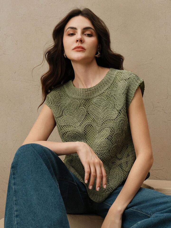CM-TS420906 Women Casual Seoul Style Hollow Embroidered Round Neck Sleeveless Knit Top - Army Green
