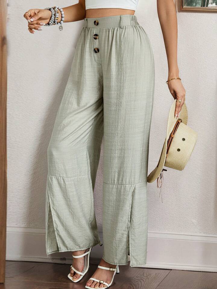 CM-BS423973 Women Trendy Bohemian Style High Waist Front Split Wide Leg Pants - Light Gray