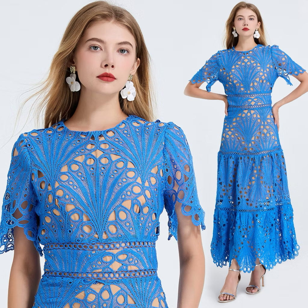 CM-DY053337 Women Elegant European Style Round Neck Short Sleeve High Waist Hollow Splice Long Dress - Blue