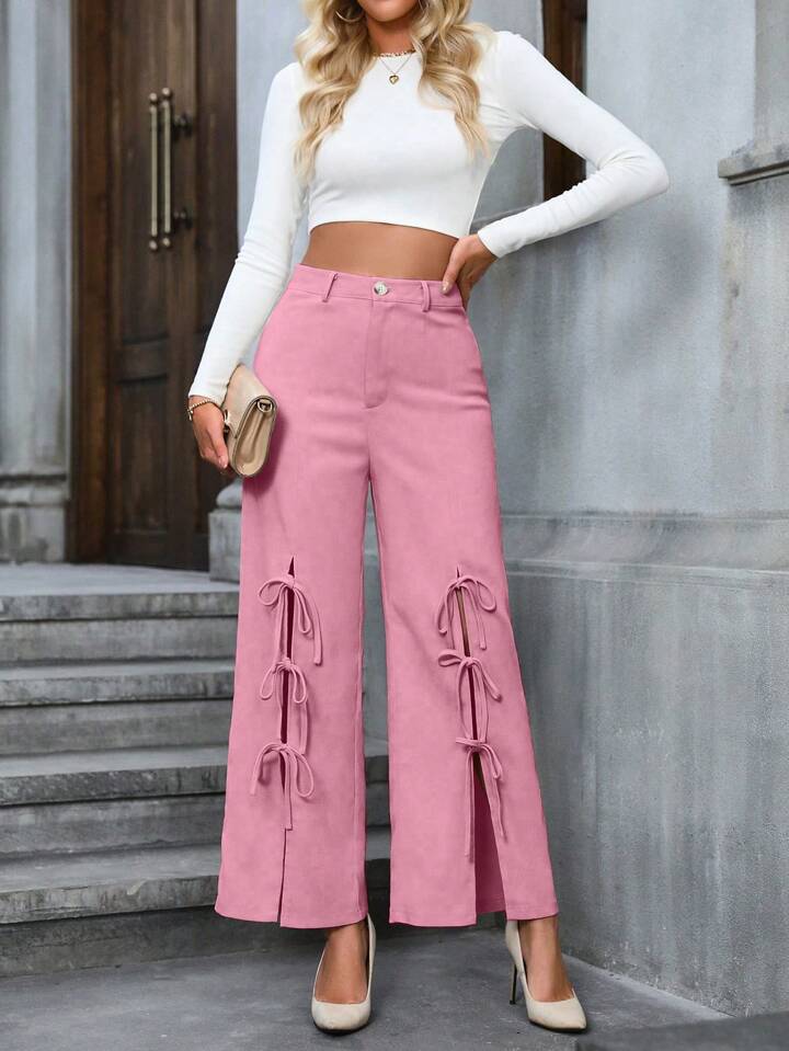 CM-BS642710 Women Casual Seoul Style Bowknot Decoration High Slit Wide Leg Pants - Pink