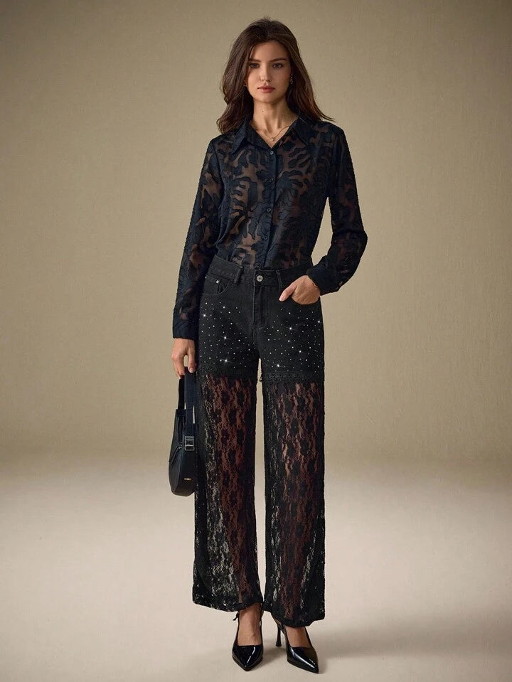 CM-BS245569 Women Elegant Seoul Style Lace Patchwork Rhinestone Embellished Straight-Leg Denim Jeans - Black
