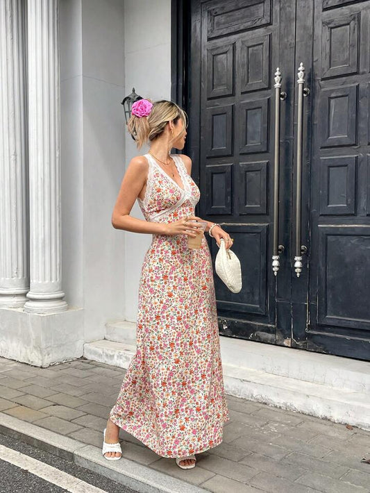 CM-DS251553 Women Casual Seoul Style Lace Panel Floral Print V-Neck Sleeveless Dress