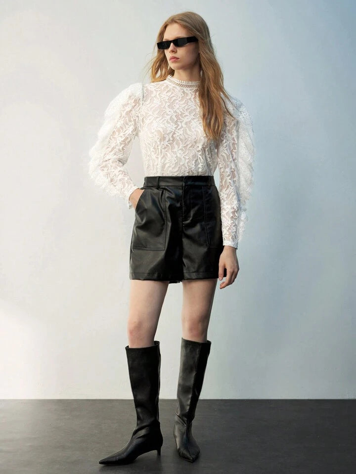 CM-TS396931 Women Elegant Seoul Style Button Back Long Sleeve Embroidery Sheer Blouse - White