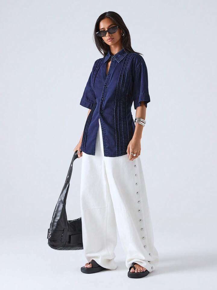 CM-TS825911 Women Elegant Seoul Style Dark Wash Collar Neckline Short Sleeve Single-Breasted Denim Jacket