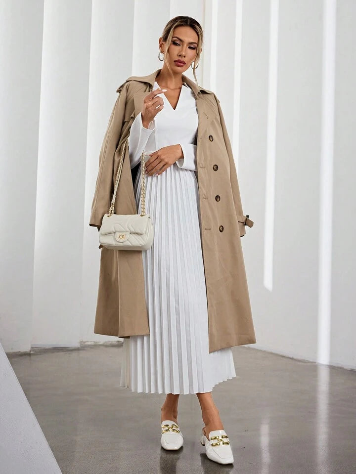 CM-DS437355 Women Elegant Seoul Style V-Neck Long Sleeve Waist Tie Pleated Hem Dress - White