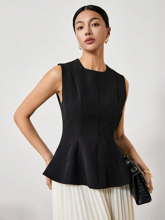 CM-TS131631 Women Elegant Seoul Style Solid Color Crew Neck Sleeveless Pleated Slim Fit T-Shirt - Black