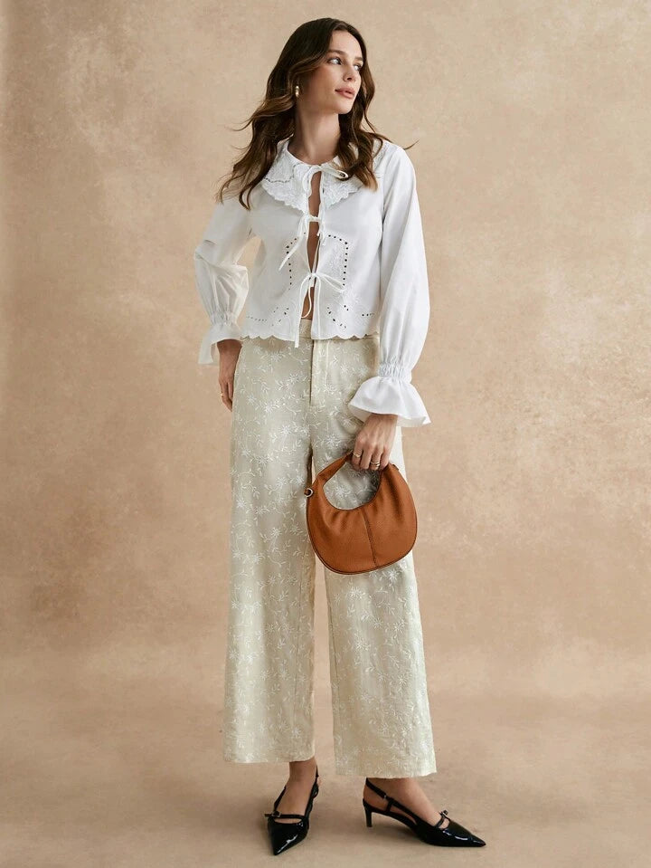 CM-BS110052 Women Casual Seoul Style Versatile Solid Color Embroidered Long Pants - Beige