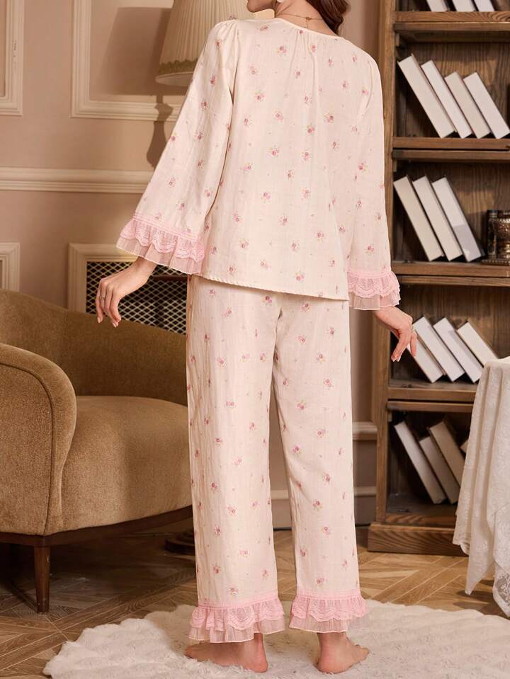 CM-LS414420 Women Trendy Seoul Style Contrast Color Lace Front Button Floral Pajama Set