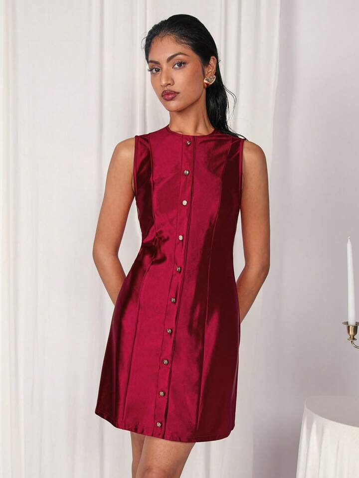 CM-DS558225 Women Elegant Seoul Style Solid Color Front Button Sleeveless Mini Dress - Burgundy