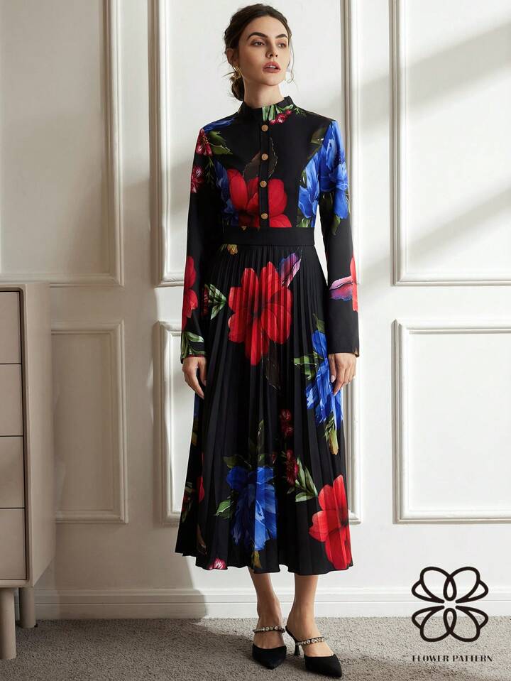 CM-DS903060 Women Retro Seoul Style Floral Print Stand Colla Metal Buttons Pleated Hem Dress