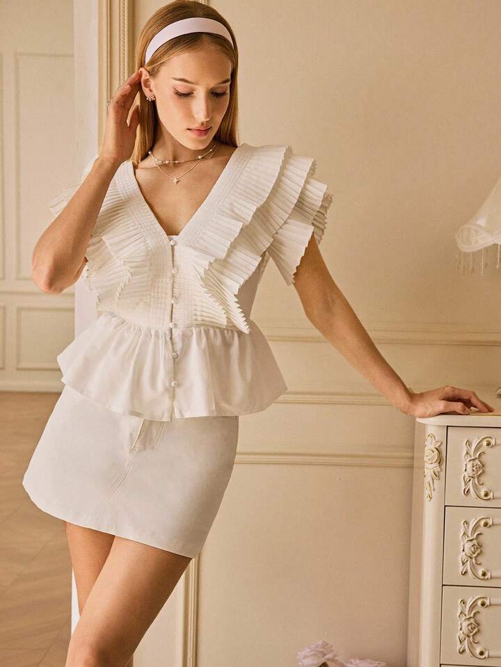 CM-TS670568 Women Elegant Seoul Style V-Neck Flounce Sleeve Multi-Layer Ruffle Pleated Blouse - White