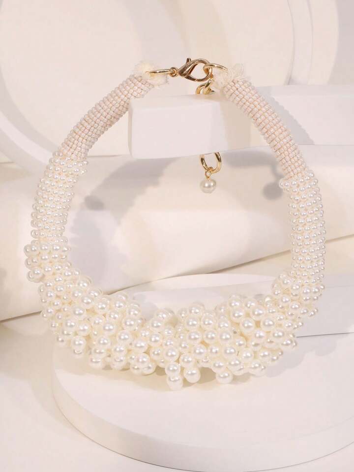 CM-AXS839418 Women Trendy Seoul Style Exaggerated Beaded Pearl Choker Necklace - White