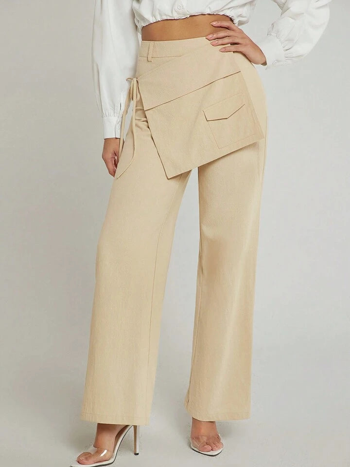 CM-BS441294 Women Elegant Seoul Style Pocket Wrap Overlay Wide Leg Pants - Apricot
