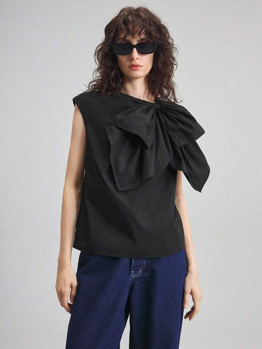 CM-TS225775 Women Casual Seoul Style Round Neck Batwing Sleeve Bow Decor Blouse - Black