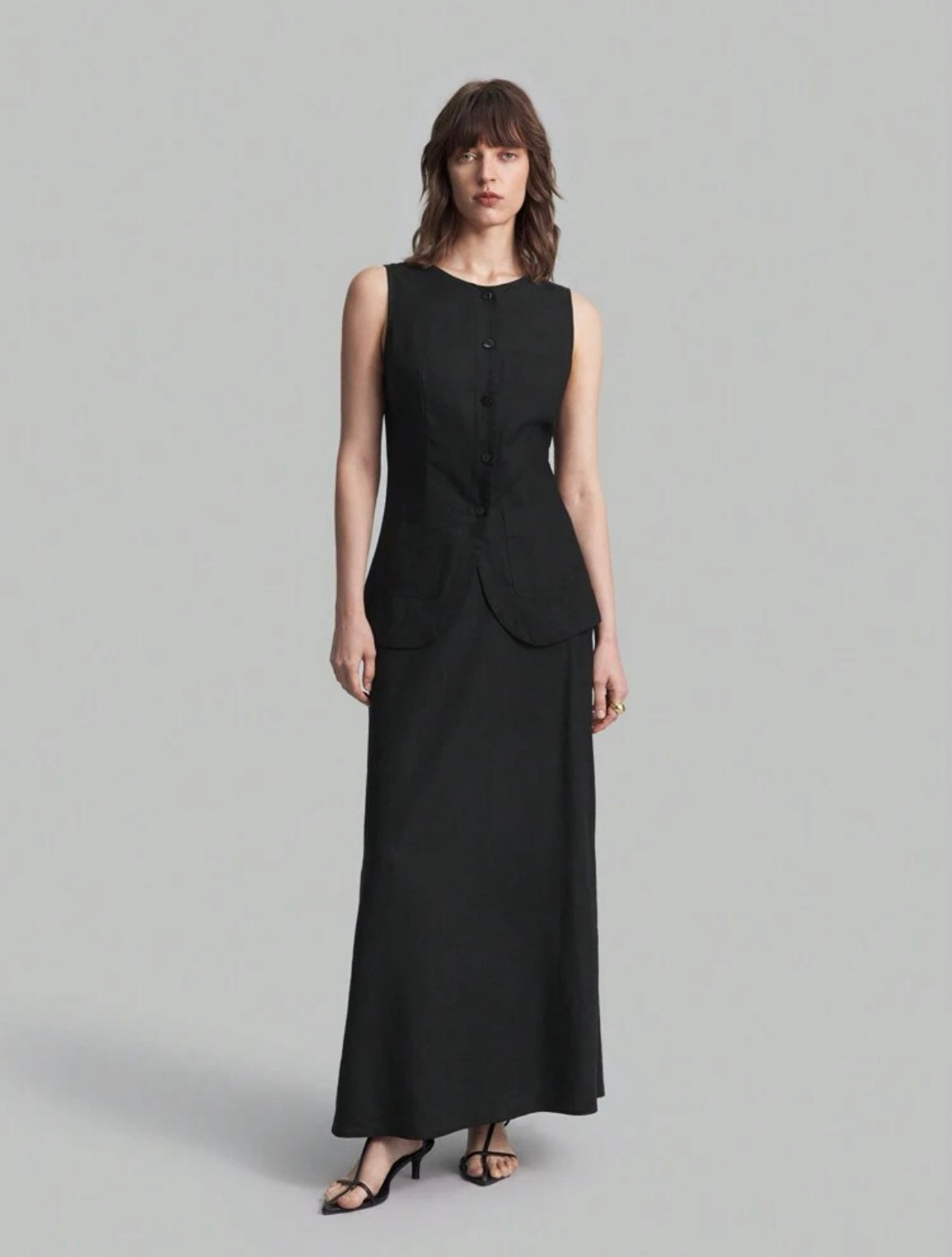 CM-SS085662 Women Elegant Seoul Style Solid Color Round Neck Sleeveless Top With Long Skirt - Set