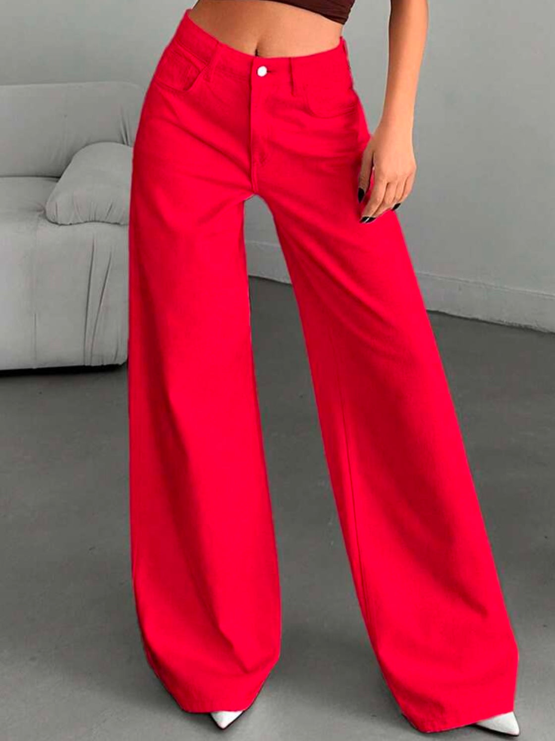 CM-BS216874 Women Casual Seoul Style High-Waisted Wide-Leg Denim Jeans - Red