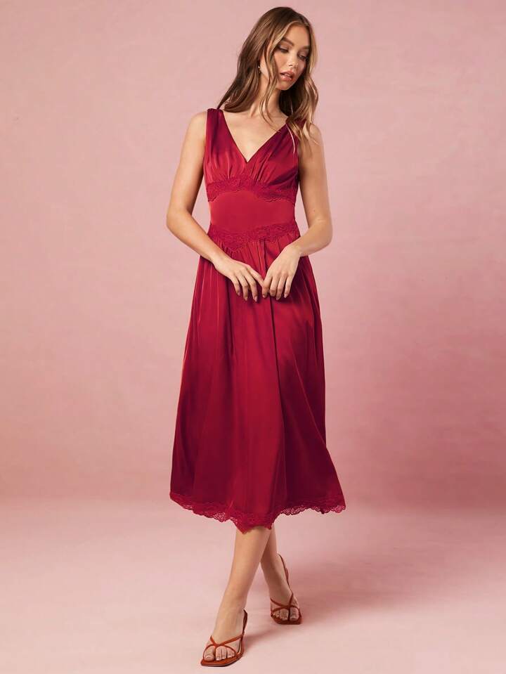 CM-DS244034 Women Elegant Seoul Style V-Neck Sleeveless Lace Patchwork High Waist Midi Dress - Red