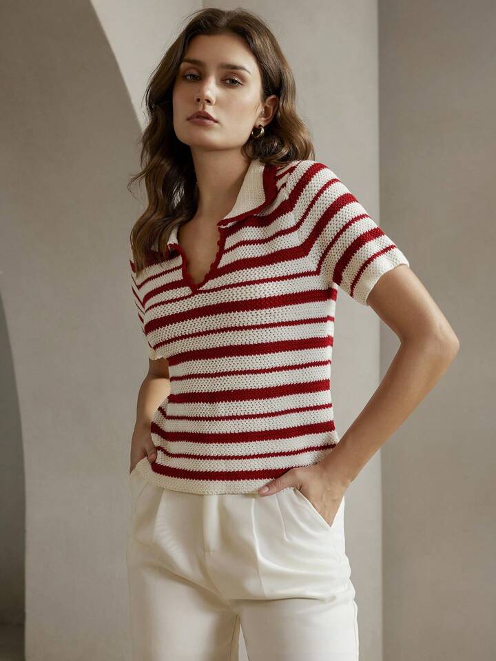 CM-TS119246 Women Casual Seoul Style Colorblock Striped Collar Neckline Short Sleeve Knit Top - Burgundy