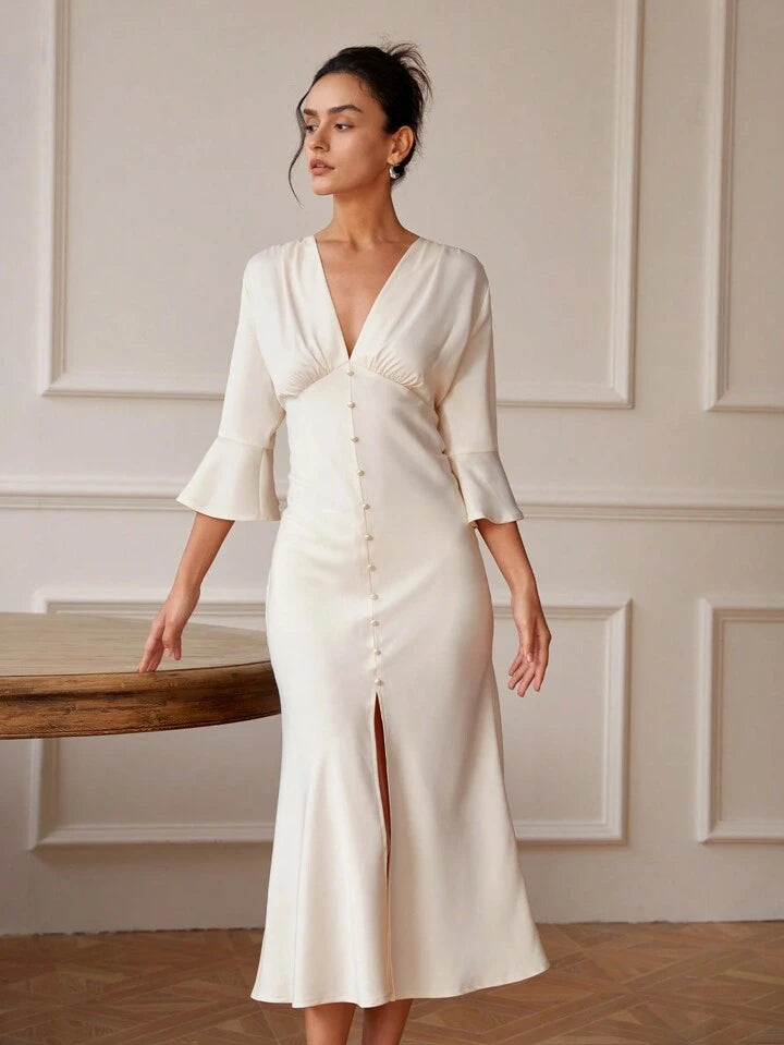 CM-DS247962 Women Elegant Seoul Style V-Neck Flare Sleeve Mermaid Dress - Champagne