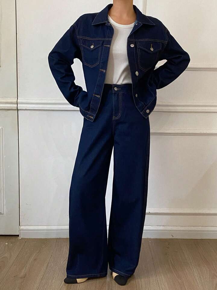 CM-SS772427 Women Casual Seoul Style Collar Neckline Long Sleeve Denim Jacket With Jeans - Set