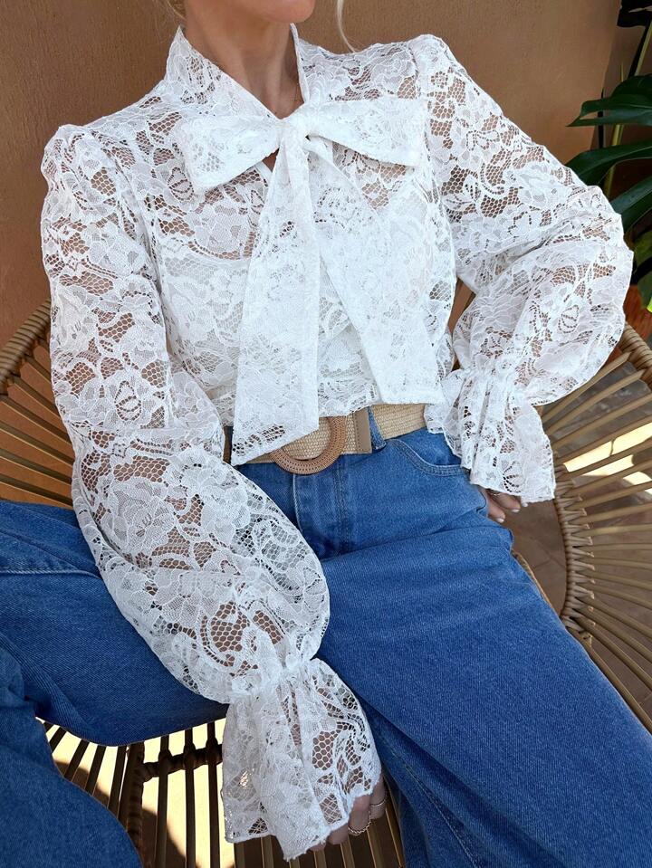 CM-TS646834 Women Trendy Bohemian Style Bow-Tie Strap Lantern Sleeve Lace Shirt - White