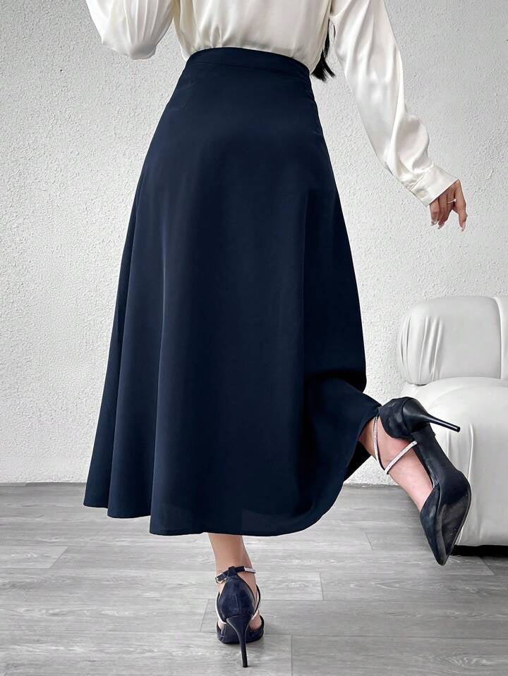 CM-BS522366 Women Elegant Seoul Style Button Decor Flared Hem A-Line Skirt - Navy Blue