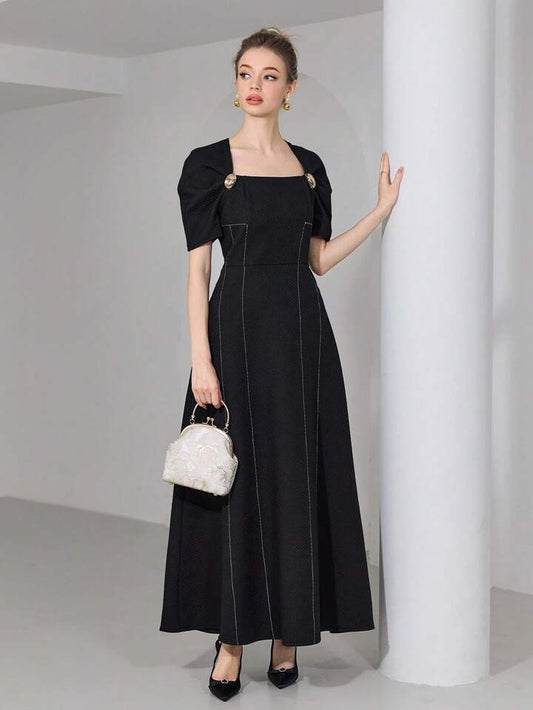 CM-DS920740 Women Casual Seoul Style Square Neck Puff Sleeve High Waist Long Dress - Black