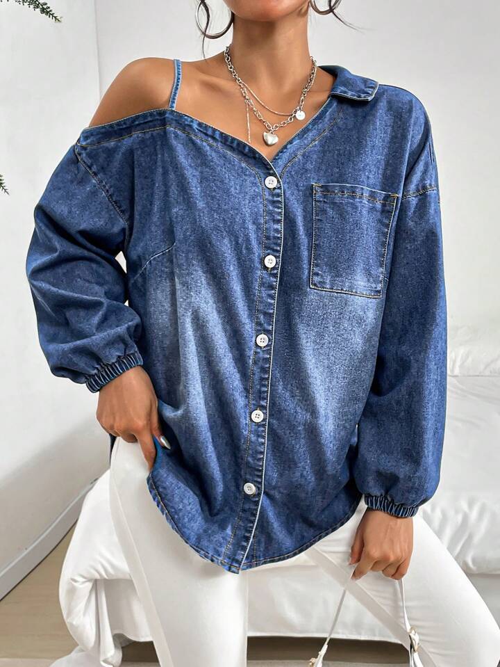 CM-TS782198 Women Casual Seoul Style Medium Wash Oversized Long Sleeve Open Shoulder Denim Top