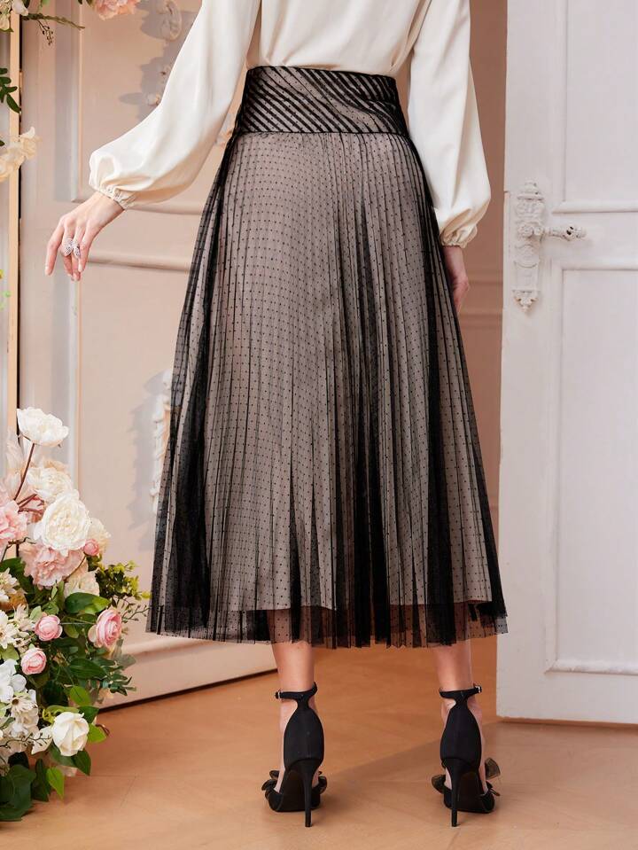 CM-BS831747 Women Elegant Seoul Style Mesh Pleated High Waisted Skirt - Black