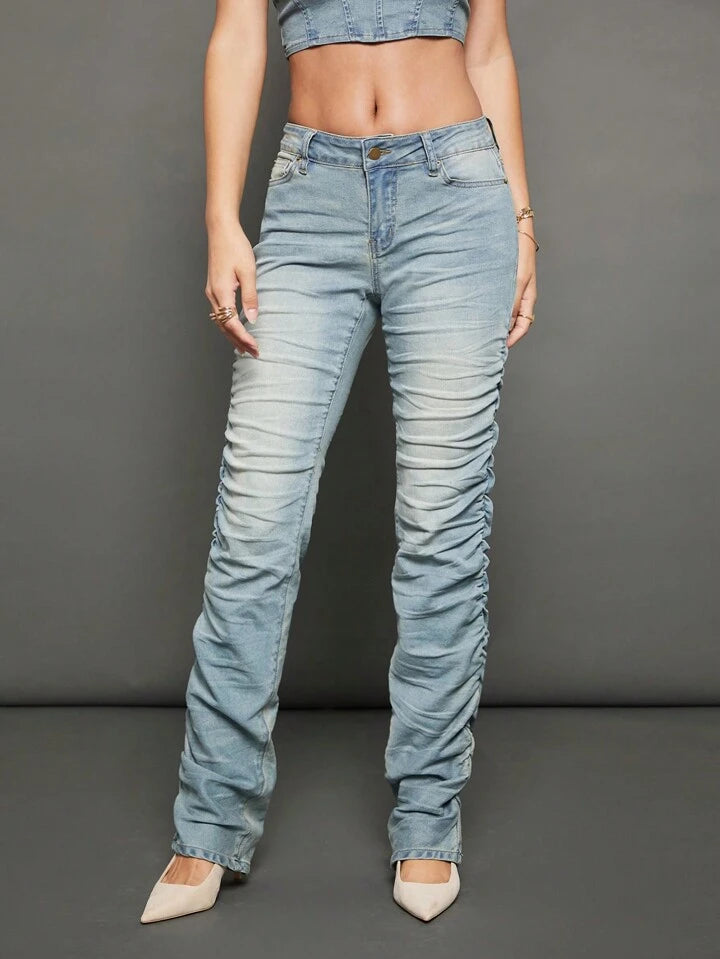 CM-BS318682 Women Casual Seoul Style Light Wash Drop Waist Stacked Straight Leg Jeans