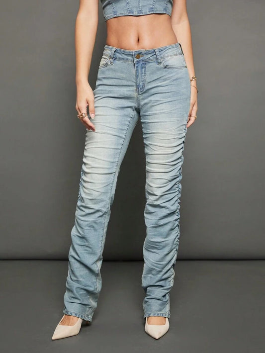 CM-BS318682 Women Casual Seoul Style Light Wash Drop Waist Stacked Straight Leg Jeans