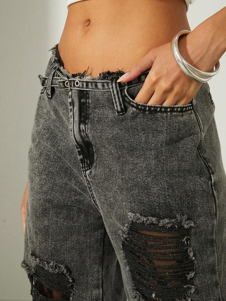CM-BS049128 Women Casual Seoul Style Pocket Ripped Leg Loose Wide Leg Jeans - Light Gray