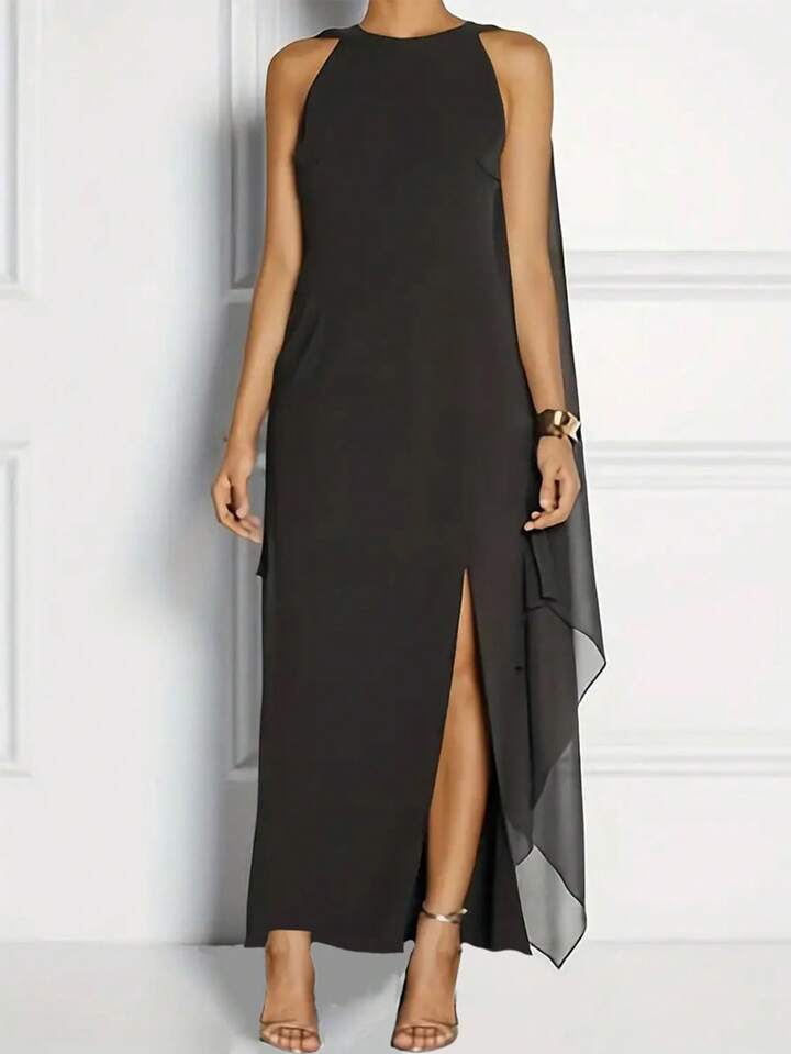 CM-DS197207 Women Elegant Seoul Style Round Neck Sleeveless Cape Split Maxi Dress - Black