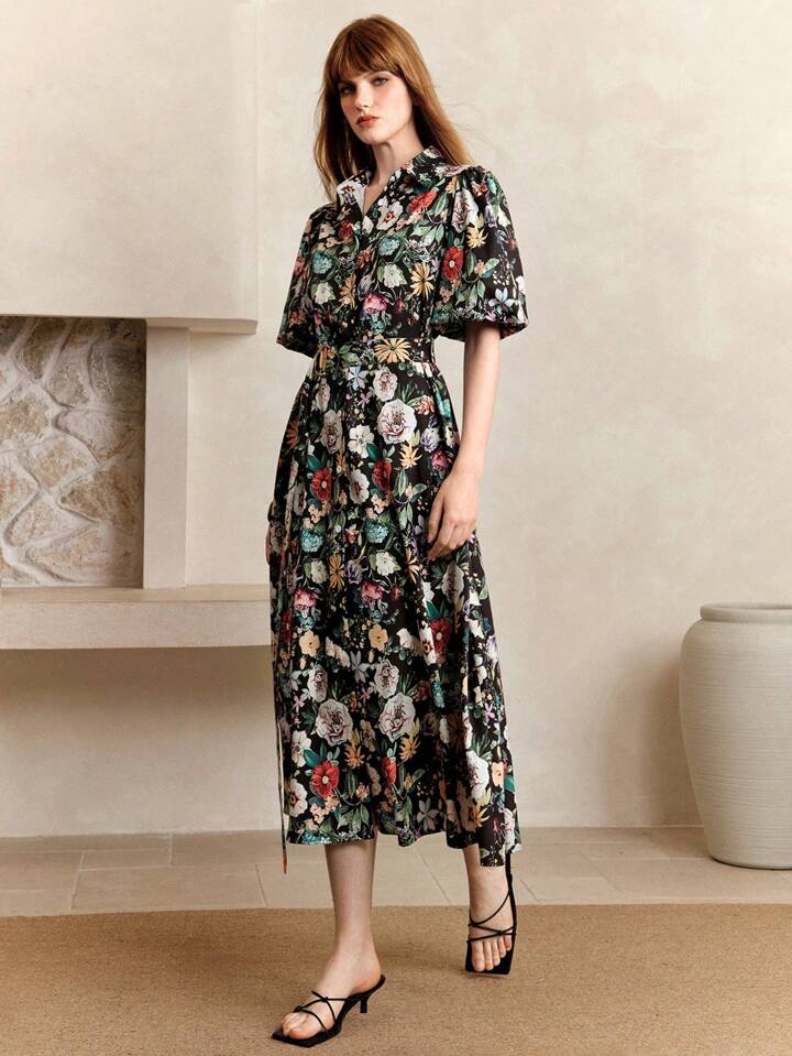 CM-DS232225 Women Casual Seoul Style Floral Print Elastic Waist Ruched Puff Sleeve Belted Midi Dress - Black