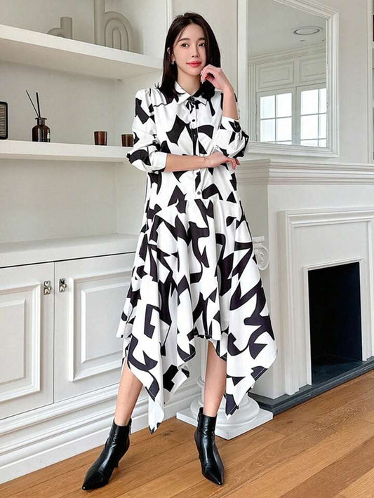 CM-DS352748 Women Casual Seoul Style All-Over Print Asymmetrical Hem Shirt Dress