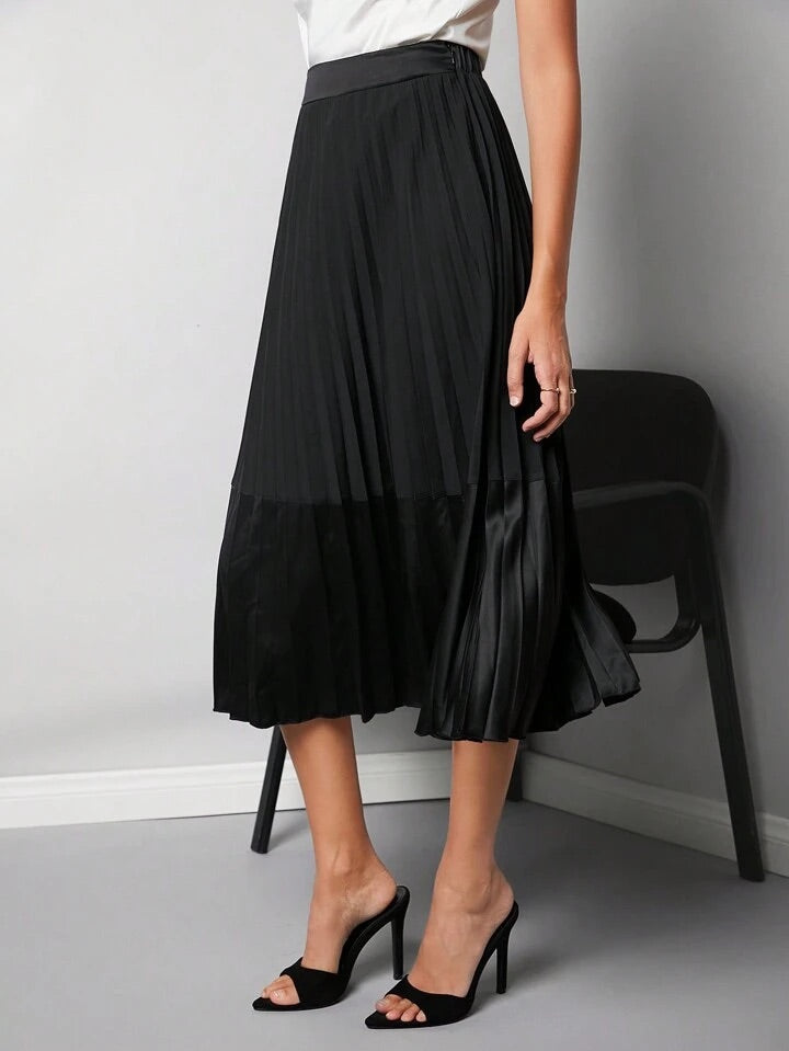 CM-BS614252 Women Elegant Seoul Style High Waist Long Pleated Skirt - Black