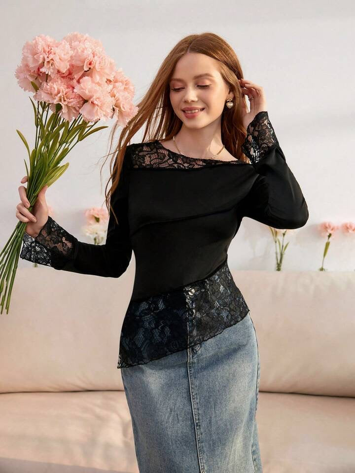 CM-TS265944 Women Casual Seoul Style Patchwork Lace Asymmetrical Neckline Flare Sleeve T-Shirt