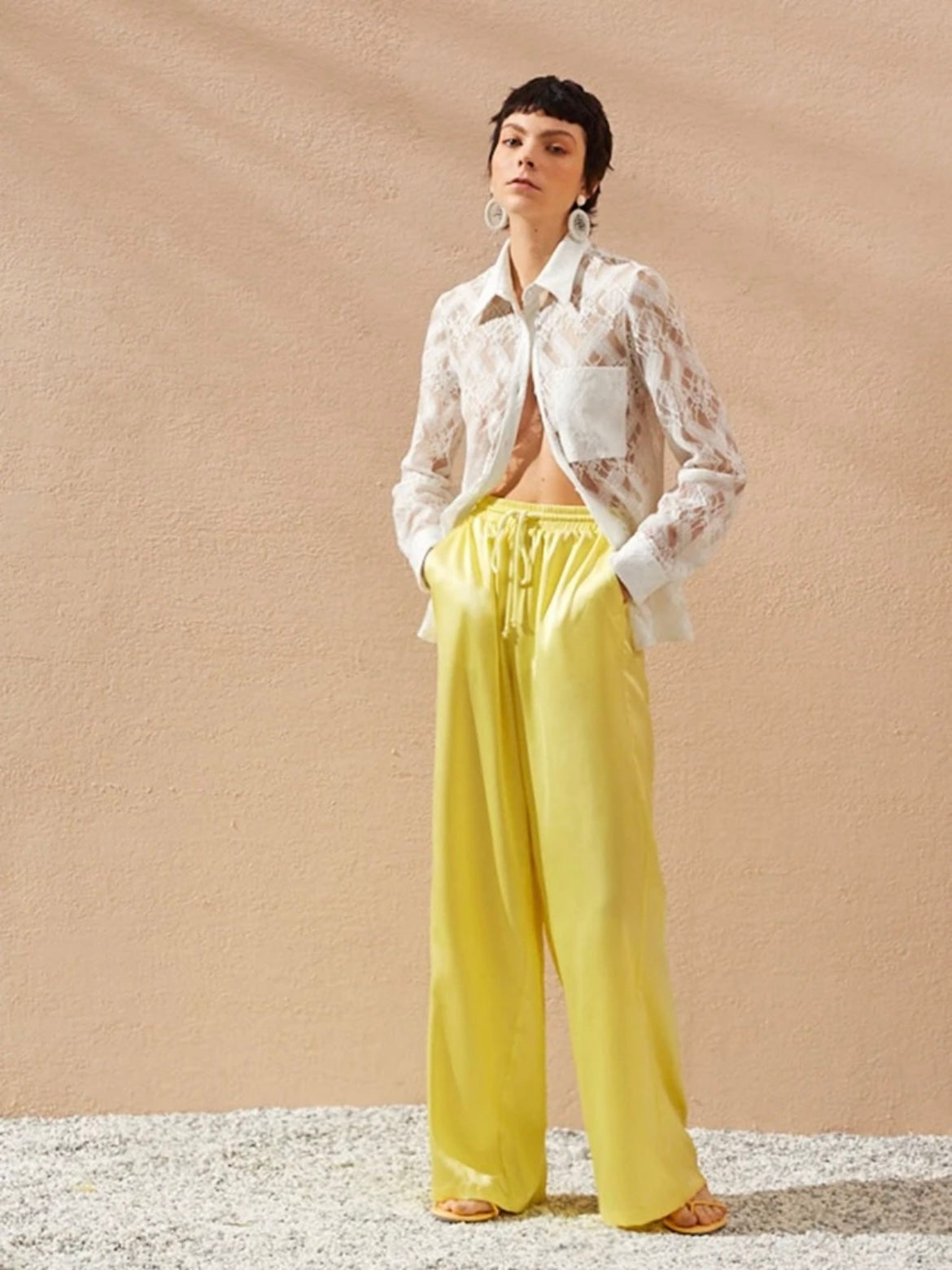 CM-BS349899 Women Trendy Bohemian Style Drawstring Waist Slant Pocket Satin Pants - Yellow