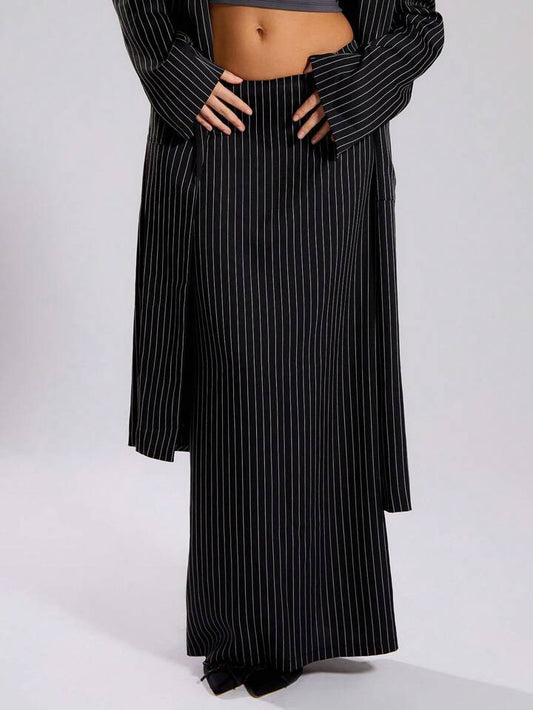 CM-BS031678 Women Elegant Seoul Style Pinstripe Low Rise Maxi Skirt - Black