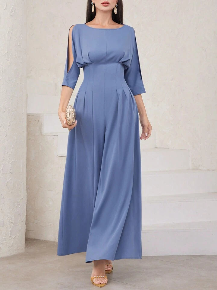 CM-JS521777 Women Elegant Seoul Style Hollow Out Sleeve Pleated Jumpsuit - Blue