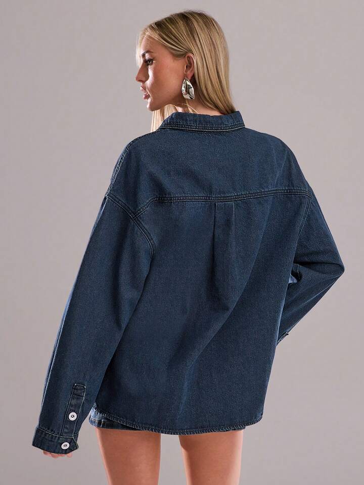 CM-CS944821 Women Casual Seoul Style Dark Wash Shirt Collar Long Sleeve Rivet Decor Denim Jacket