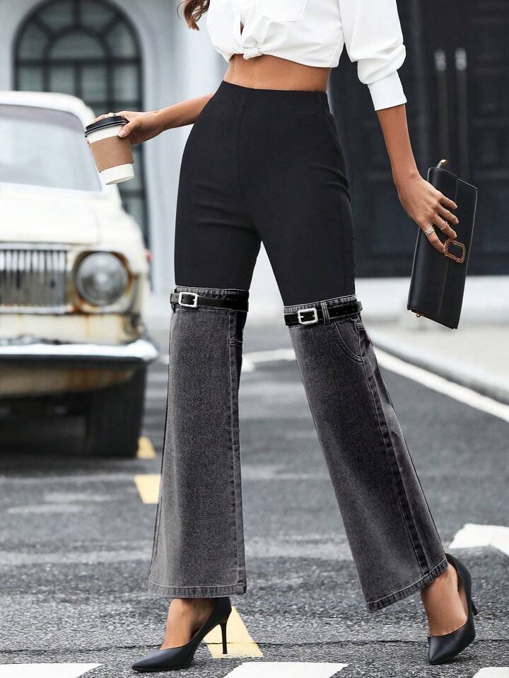 CM-BS861008 Women Casual Seoul Style Elastic Waist Contrast Denim Effect Flare Leg Pants - Gray