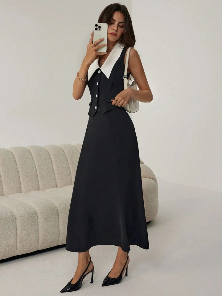 CM-SS254342 Women Elegant Seoul Style Color-Block Sleeveless Lapel Blouse With Long Skirt - Set