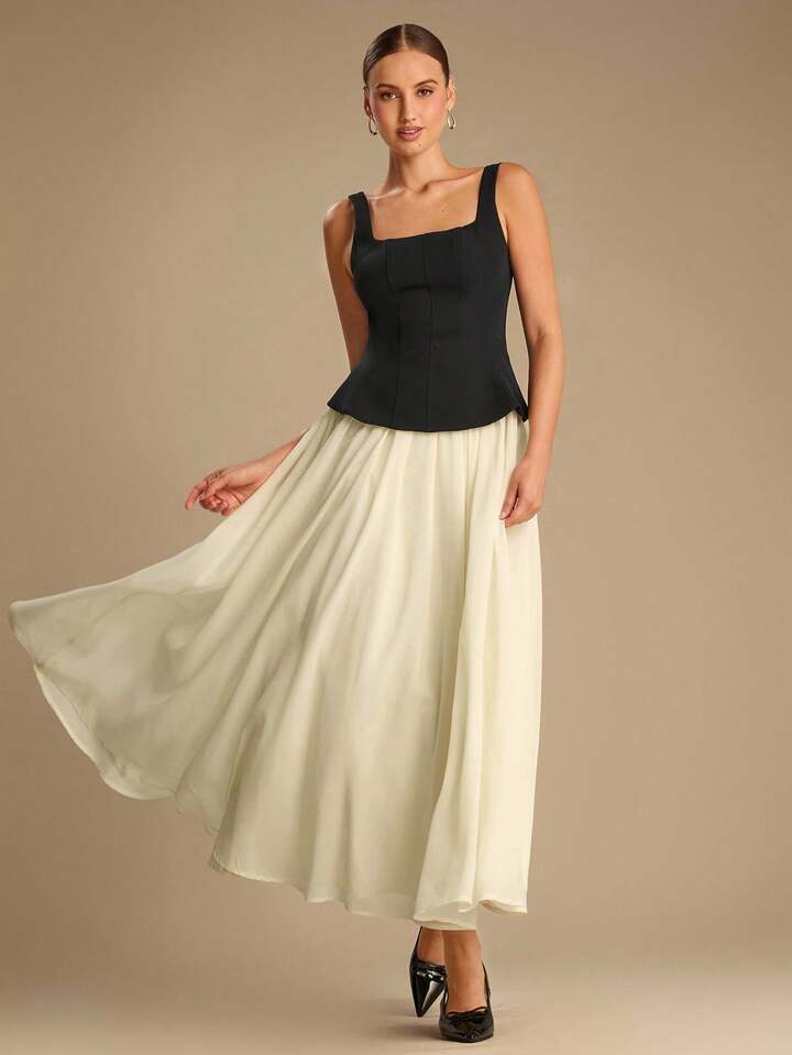 CM-DS532497 Women Elegant Seoul Style Color Block Square Neck Sleeveless Mid Waist Maxi Dress