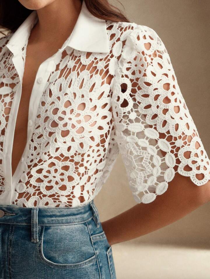 CM-TS423323 Women Casual Seoul Style Collar Neckline Half Sleeve Floral Hollow Out Lace Shirt Blouse - White